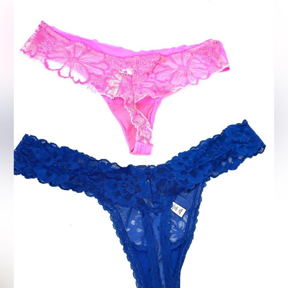 2 Pair Victoria’s Secret Pink & Blue Lace Thongs L